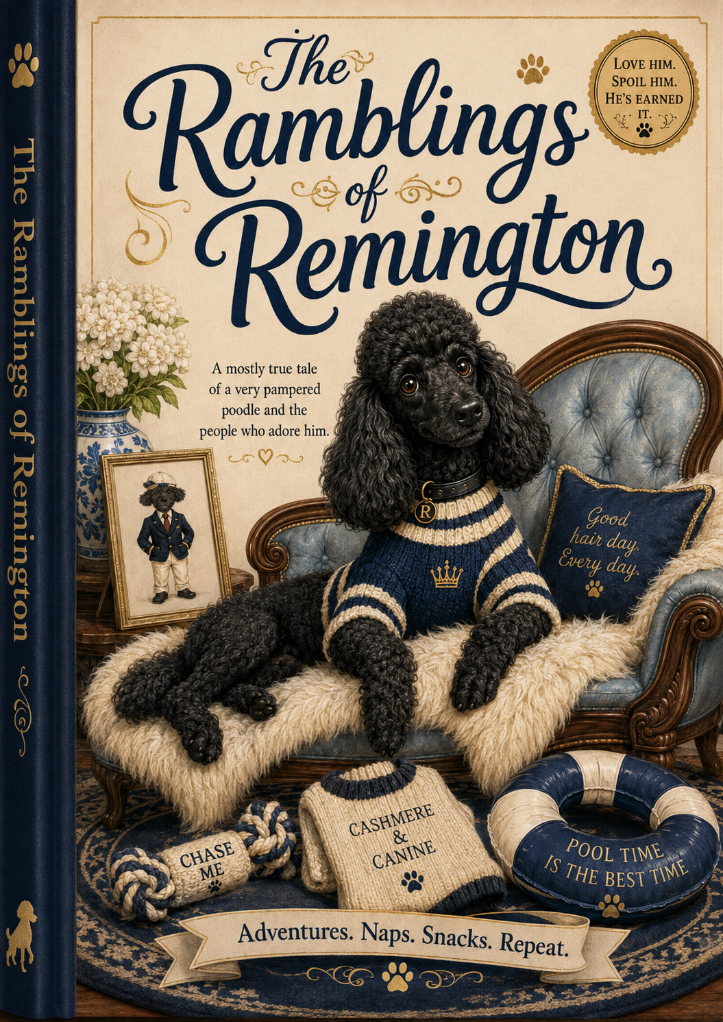 Book cover of The Ramblings of Remington, featuring a black poodle in a navy striped sweater on a velvet chaise